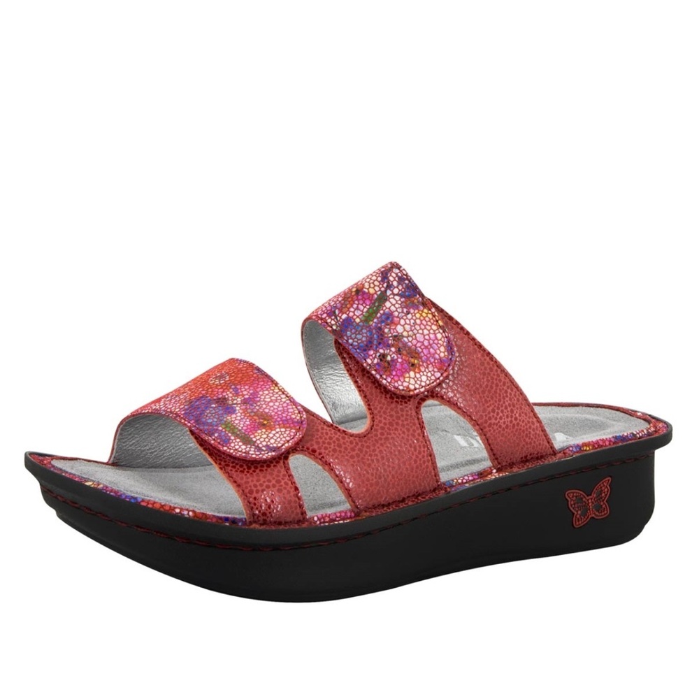 Alegría Camille flora fiesta fuchsia red floral double strap slide sandals